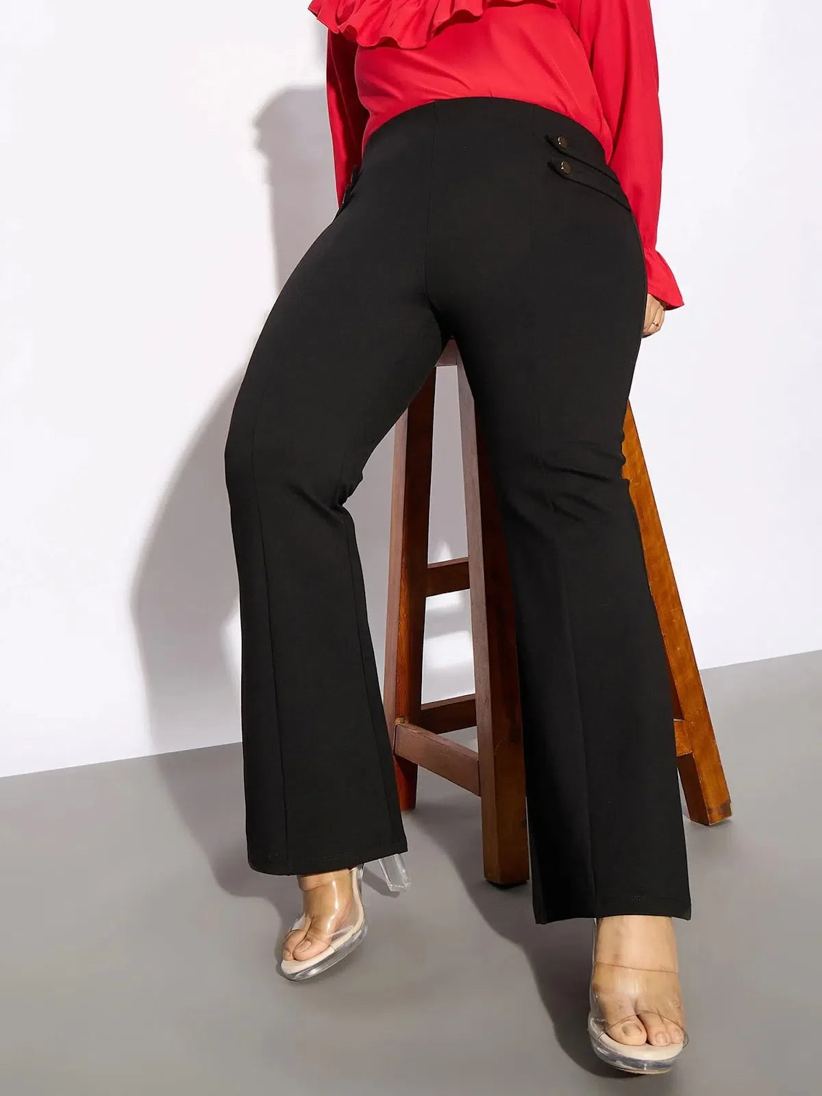 Black Bell Bottom Trousers for Women | Stretch Fit