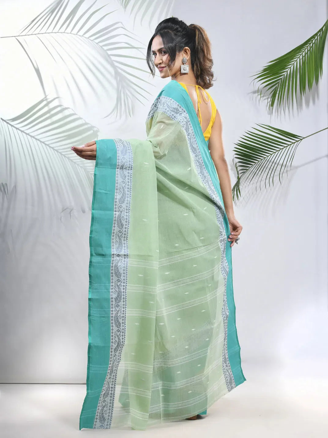 Olive Green Pure Cotton Tant Saree With Woven Designs-MA51TT43470115