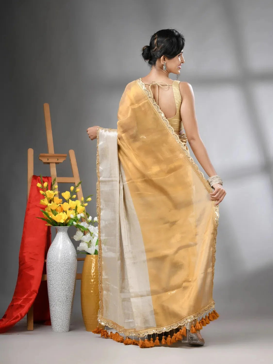 Golden Tissue Cotton Saree with Gota Patti | Indian Sarees