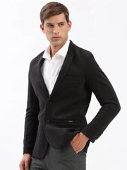 Men Notched Lapel Solid Black Blazer-AR-CODDKNIT-Black