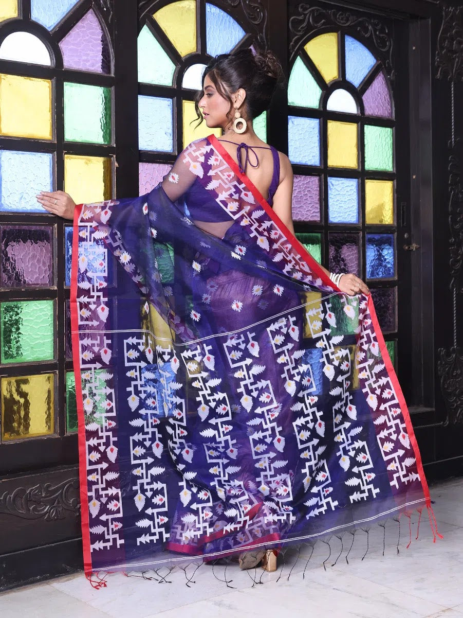 Blue Muslin Linen Saree | Indian Sari with Jamdani Work