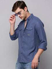 Men Navy Solid Casual Shirt-DARIANPURELINEN-3304-Navyblue