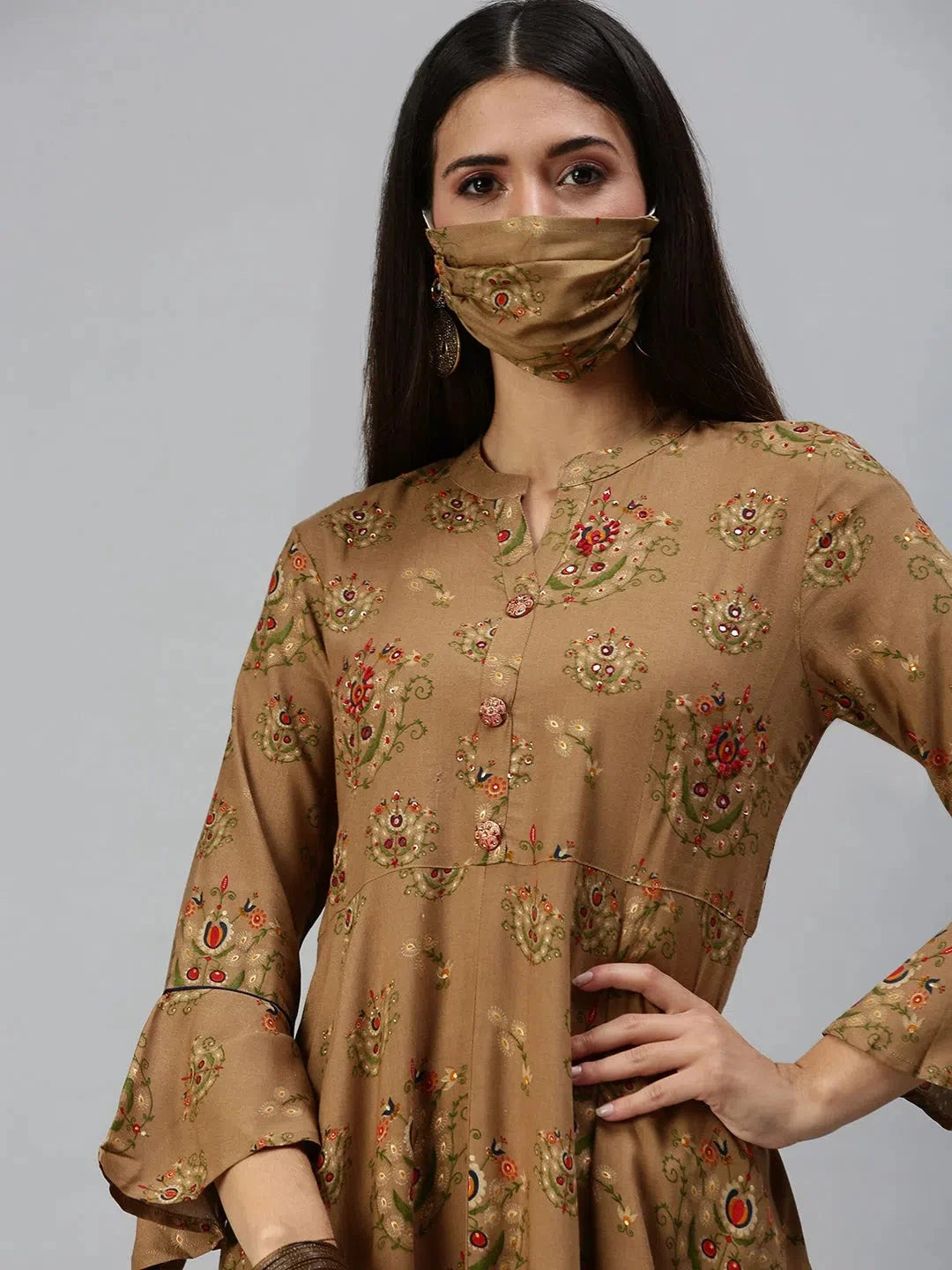 Brown Printed Anarkali Kurti for Women | Cotton Anarkali Kurta
