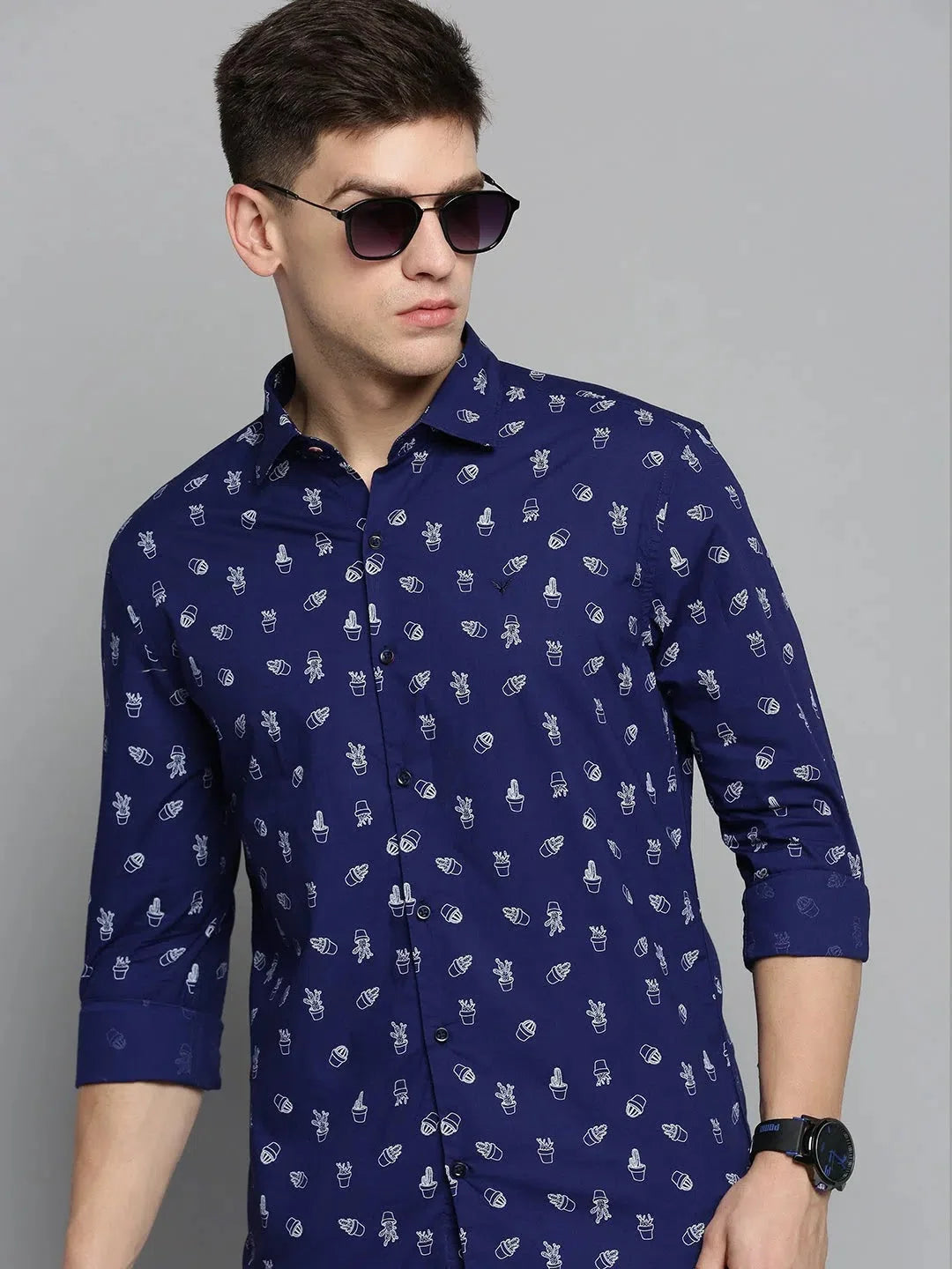 Men Navy Printed Casual Shirt-CARLOSPRINT-3244-Navyblue