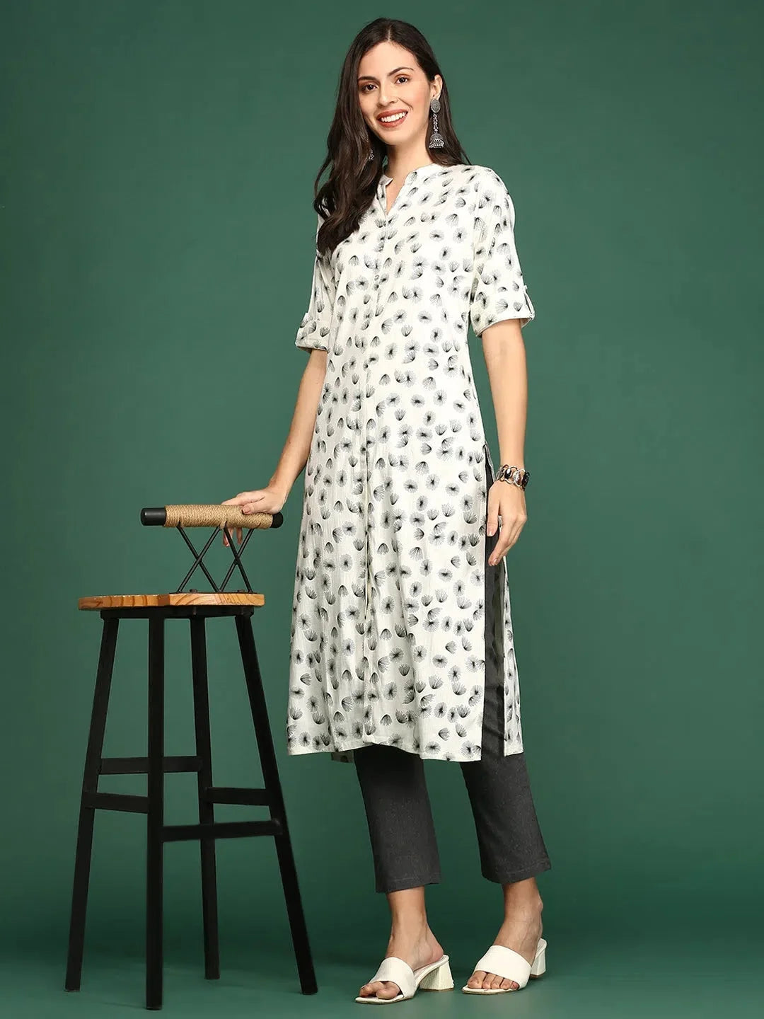 Off White Cotton Printed Straight Indian Kurta for Women