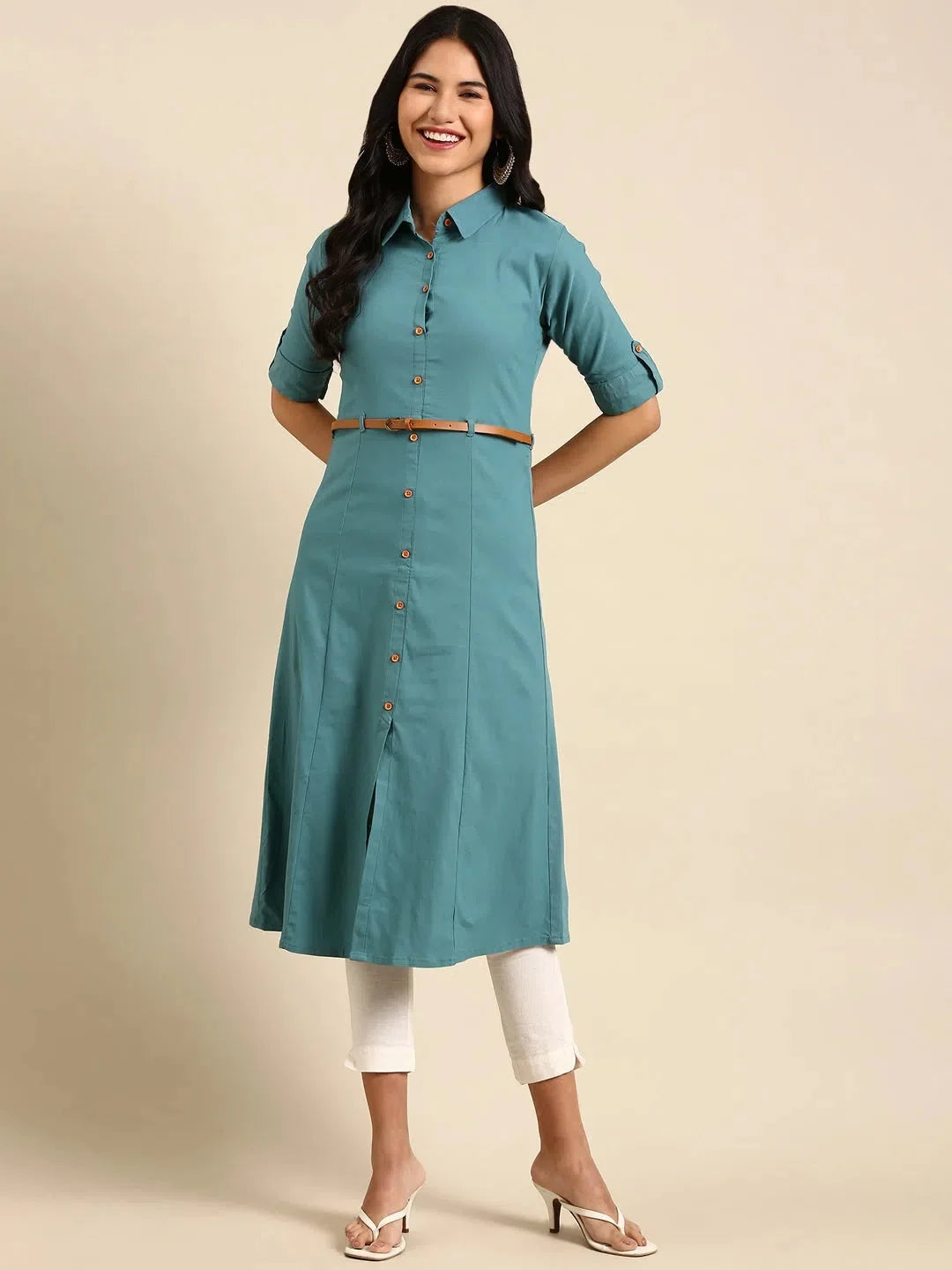 Blue Solid Cotton Indian Kurta - A-Line Kurtas for Women