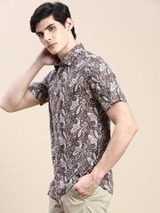 Men Brown Printed Casual Shirt-GEORGE-1626-Coffeebrown