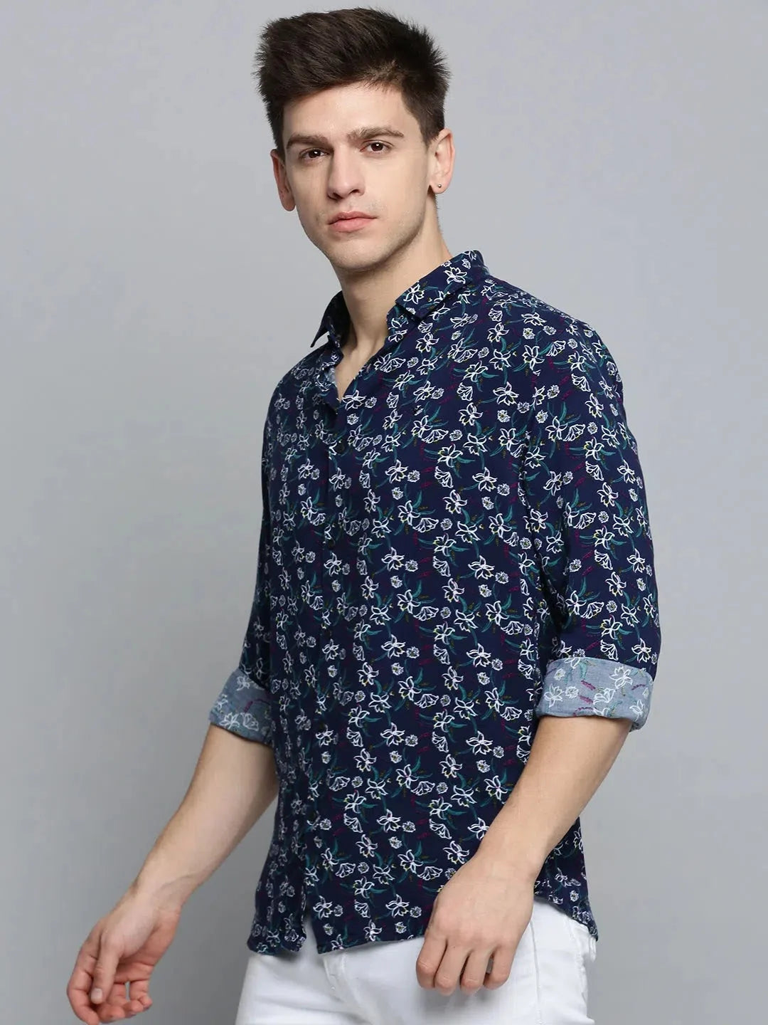 Navy Printed Mens Shirt - Fashionable Cotton Shirt | DesiQlo