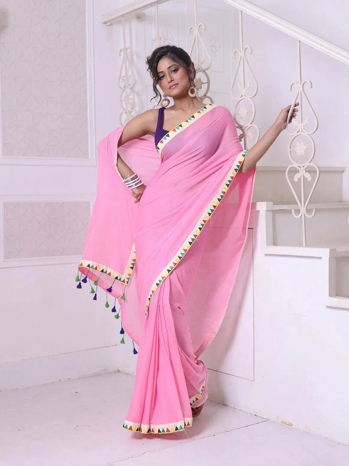 Pink Cotton Saree with Patch Border | Indian Sari