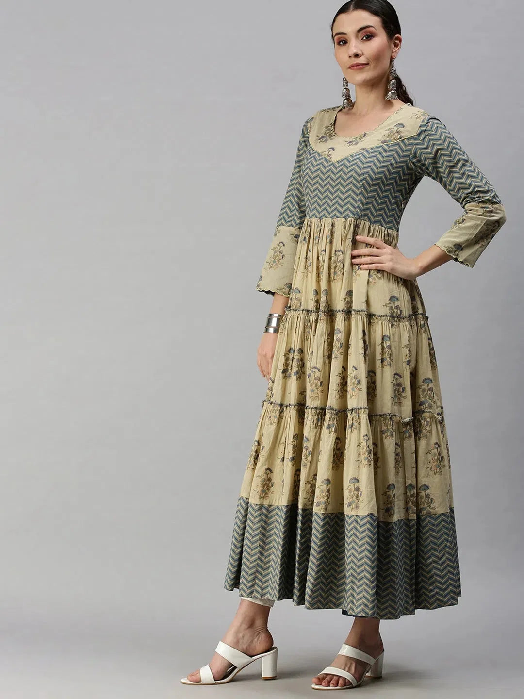 Beige & Blue Printed Anarkali Kurta- Women's Anarkali Gown