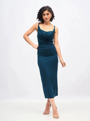 Women Teal Cowl Neck Bodycon Maxi Dress