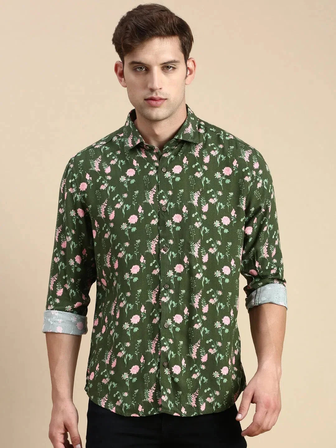 Olive Printed Mens Shirt - DesiQlo Cotton Casual Shirts