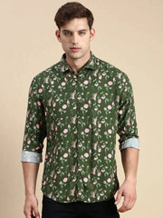 Men Green Printed Casual Shirt-GURJANPRINT-5420-Olive