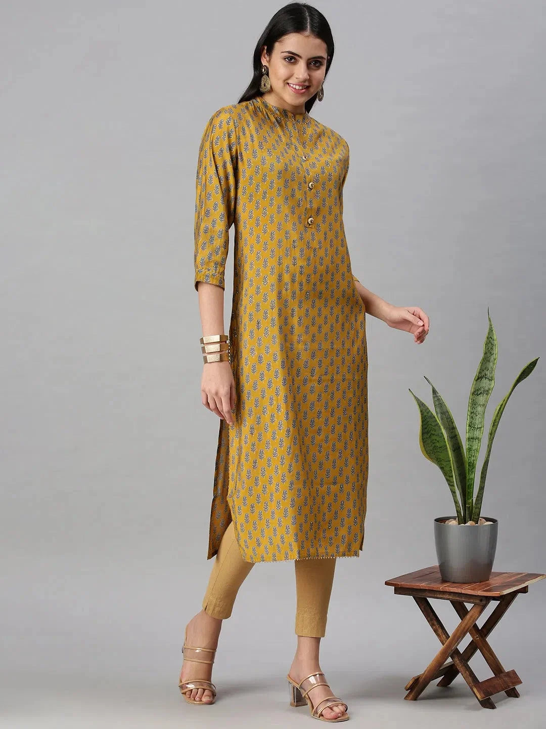 Mustard Printed Cotton Indian Kurtas - DesiQlo Fashion