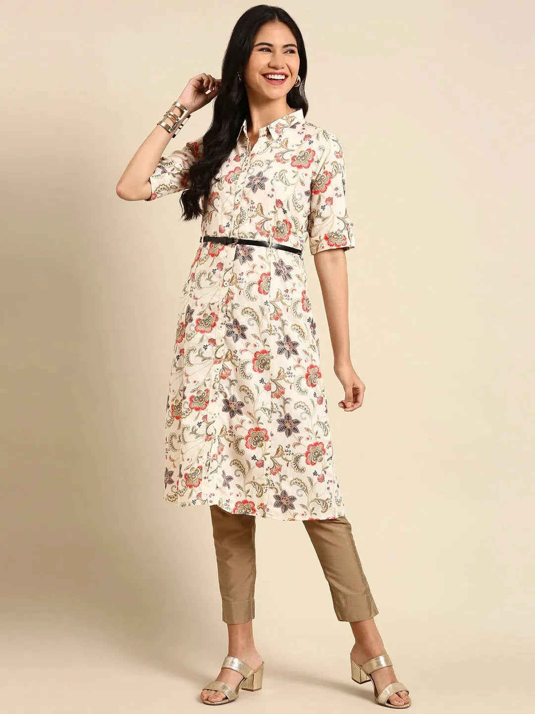 Beige Printed Cotton Anarkali Kurti for Women | DesiQlo - Style 1