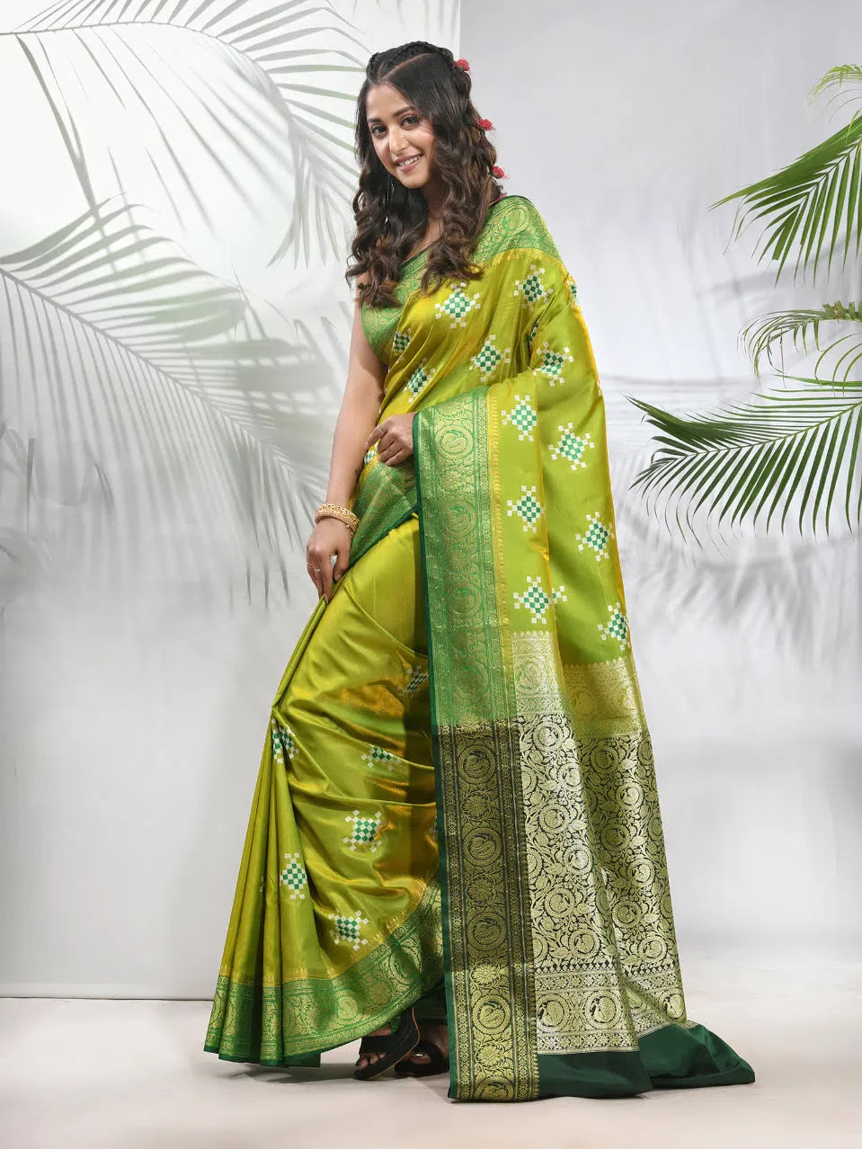 Parrot Green Embroidered Motifs Silk Saree With Zari Borders-MA56BSL44940023