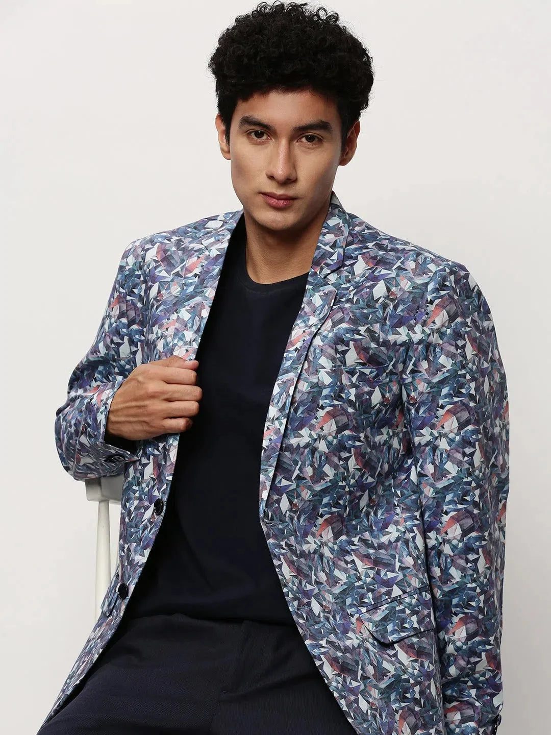 White Printed Cotton Men's Casual Blazer | Ethnic Nehru Jackets
