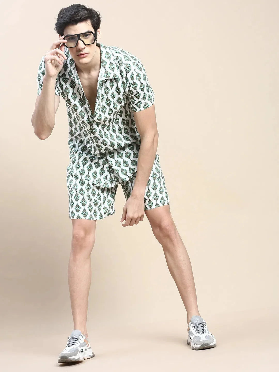 Men's White Printed Cotton Casual Co ord Set | Showoff