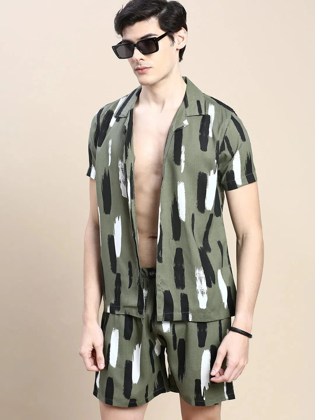 Men Green Printed Casual Co ord Set-AM-95-4-Olive