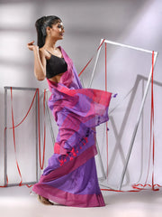 Violet Cotton Saree With Sequined Work And Stripes Pallu-MA55CT06540088