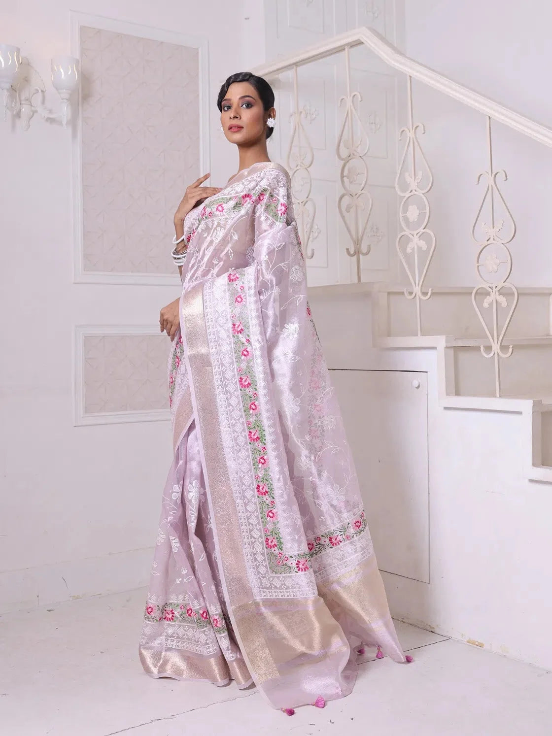 Lavender Embroidered Cotton Saree | Indian Sari Online