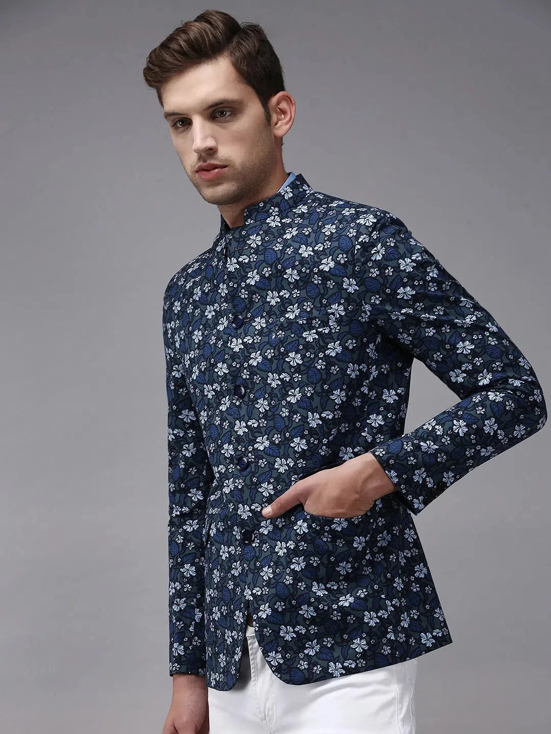 Grey Printed Blazer | Men's Ethnic Wear - DesiQlo
