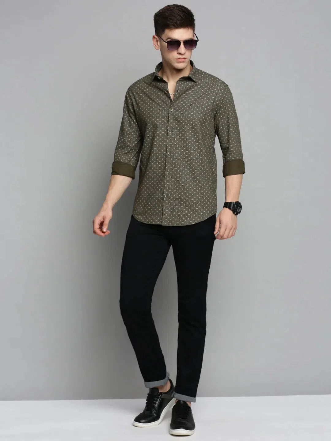 Green Printed Cotton Mens Shirt - Casual & Stylish Design