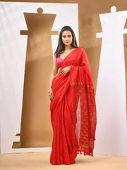 Red Matka Handwoven Saree With Zari Border-MA53MT063080045