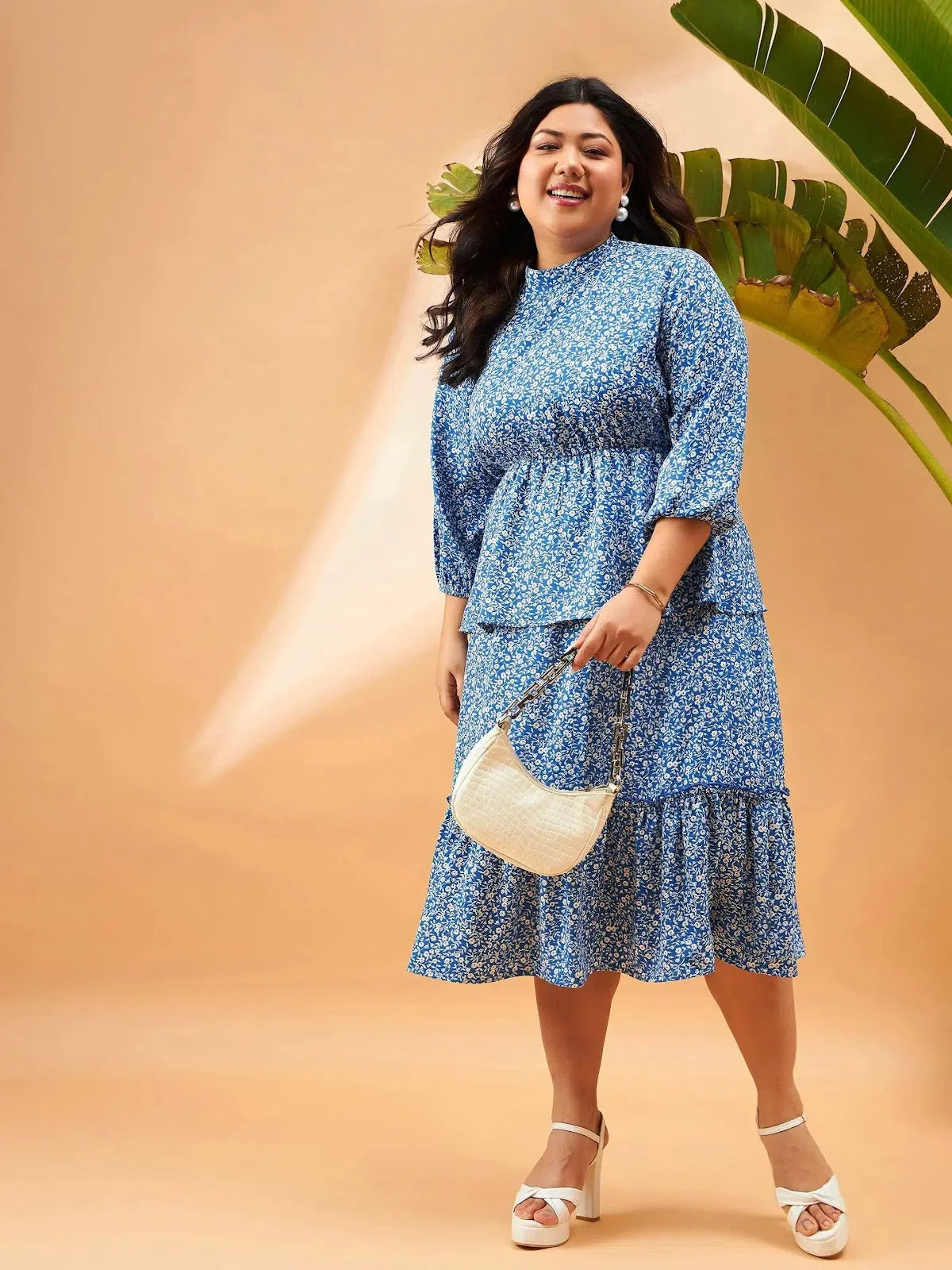 Blue Floral Midi Dress - Tiered Women's Ethnic Printed Dress