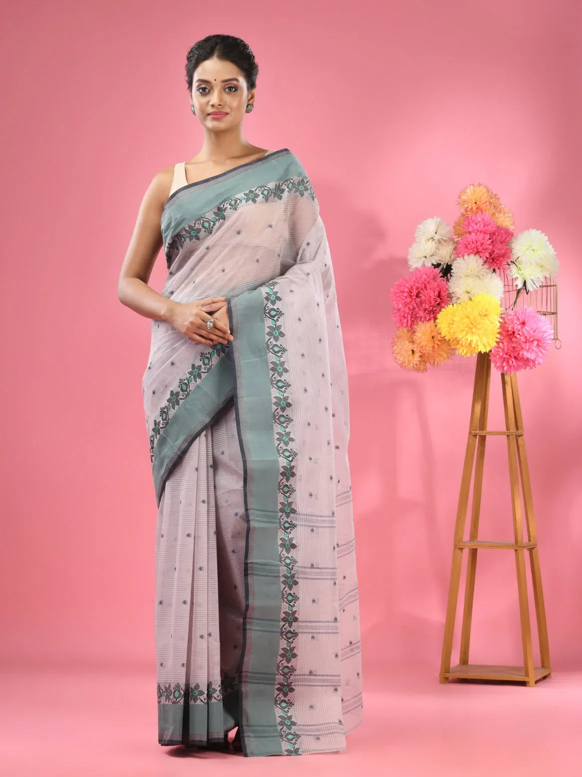 Seashell White Cotton Tant Saree | Indian Sari Collection