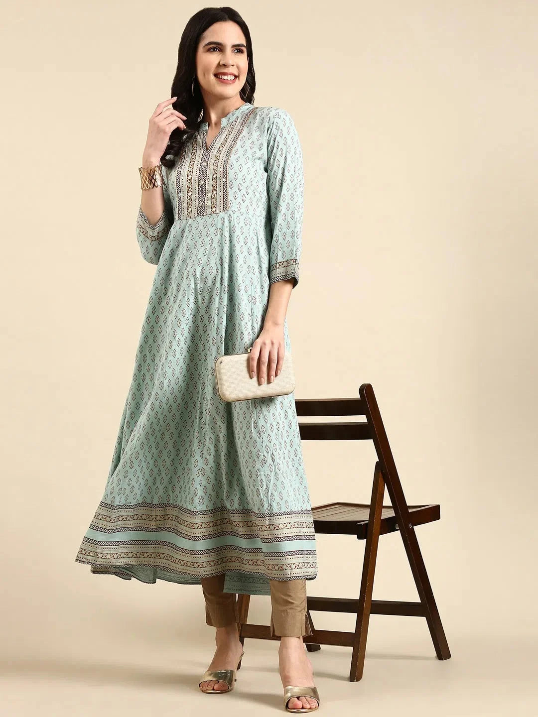Turquoise Blue Printed Anarkali Kurta - DesiQlo Cotton Kurta