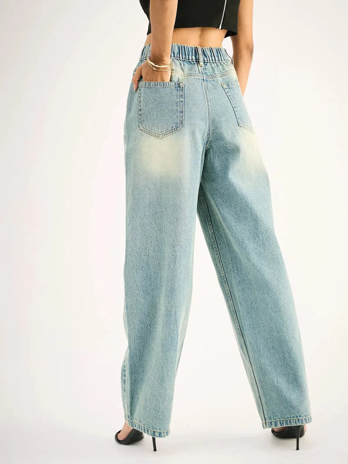Women's Blue Whisker Faded Wide Leg Jeans | Denim Cotton