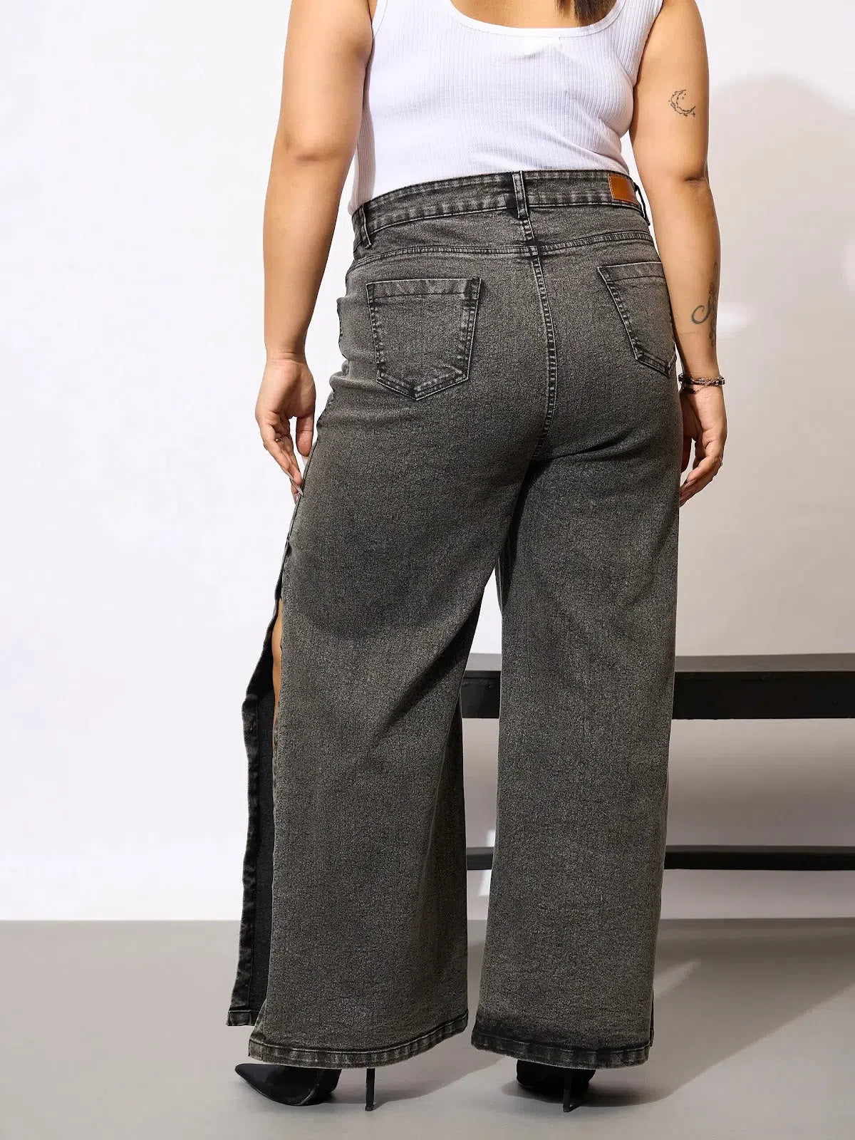 Black Acid Wash Jeans with Side Slits - Women's Straight Leg