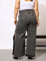 Women Black Acid Wash Side Slit Straight Jeans