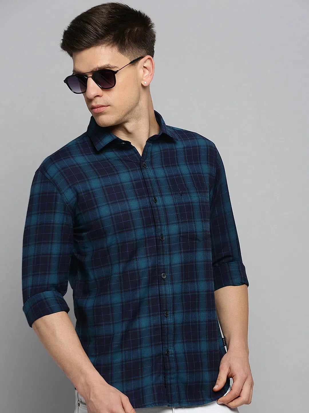Teal Checked Casual Shirt - Men's Cotton Printed Shirt