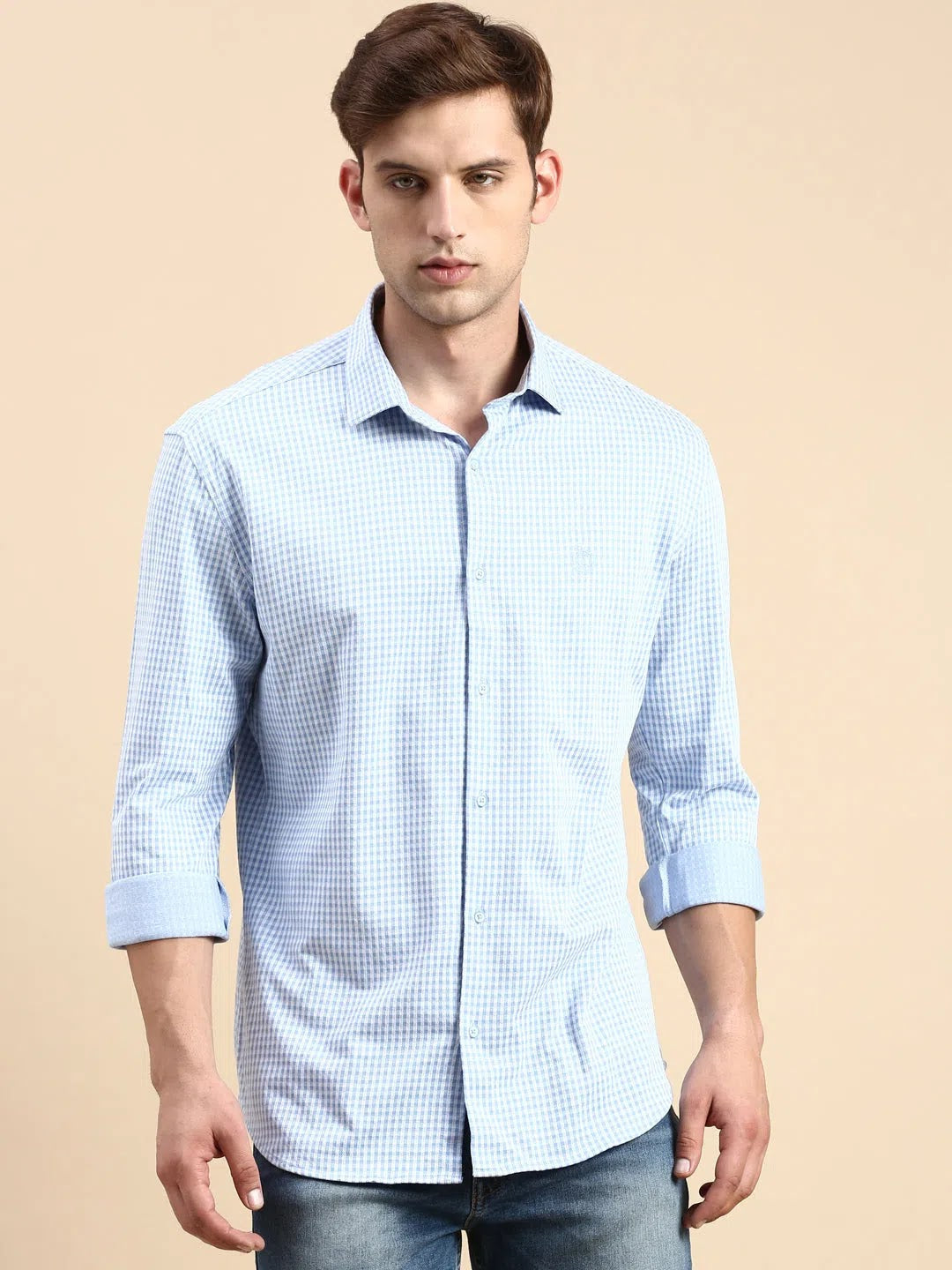 Men's Blue Checked Shirt | Casual Printed Cotton Shirt-DesiQlo
