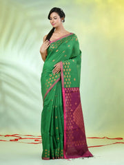 Green Cotton Saree With Zari Borders-MA64BCT401190049