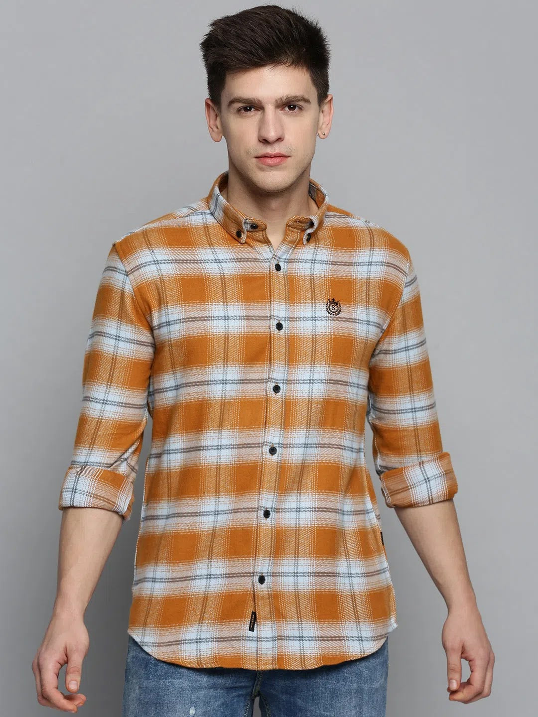 Orange Checked Mens Shirt | Cotton Casual Shirt DesiQlo