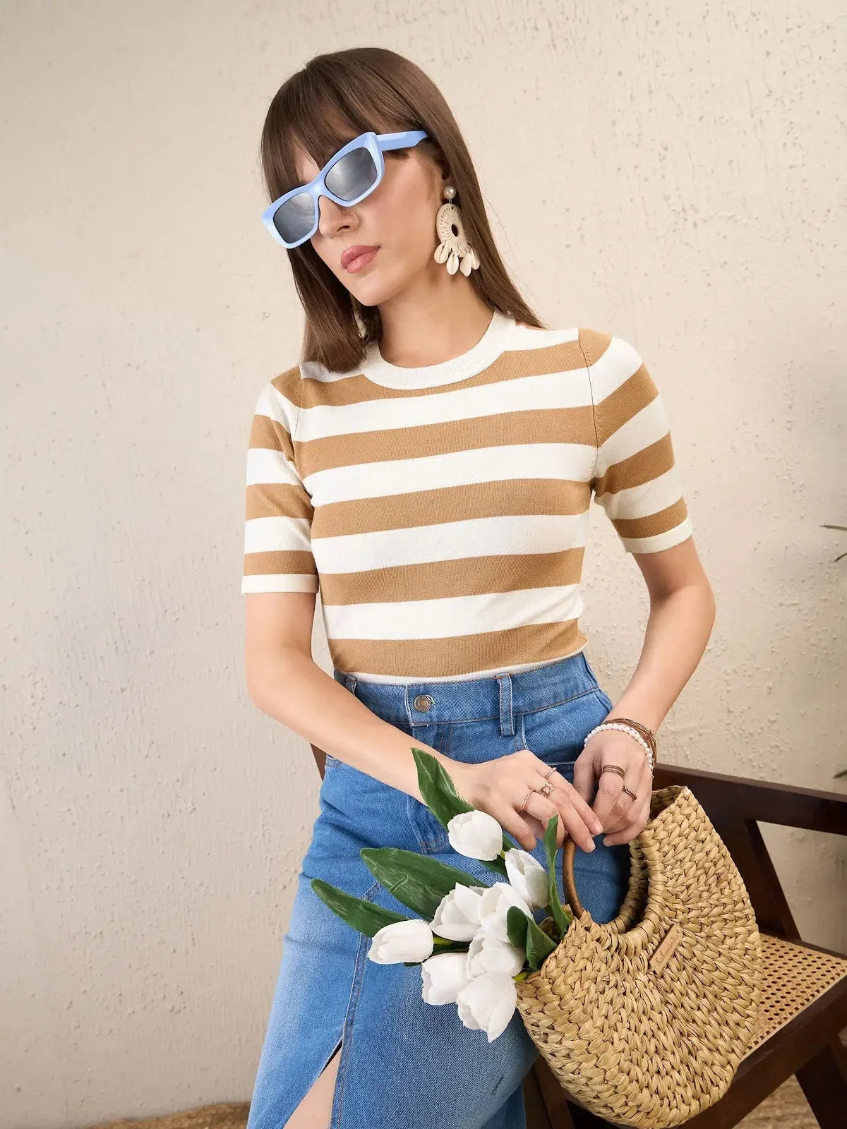 Beige & White Striped Acrylic Top | Women's Blouses