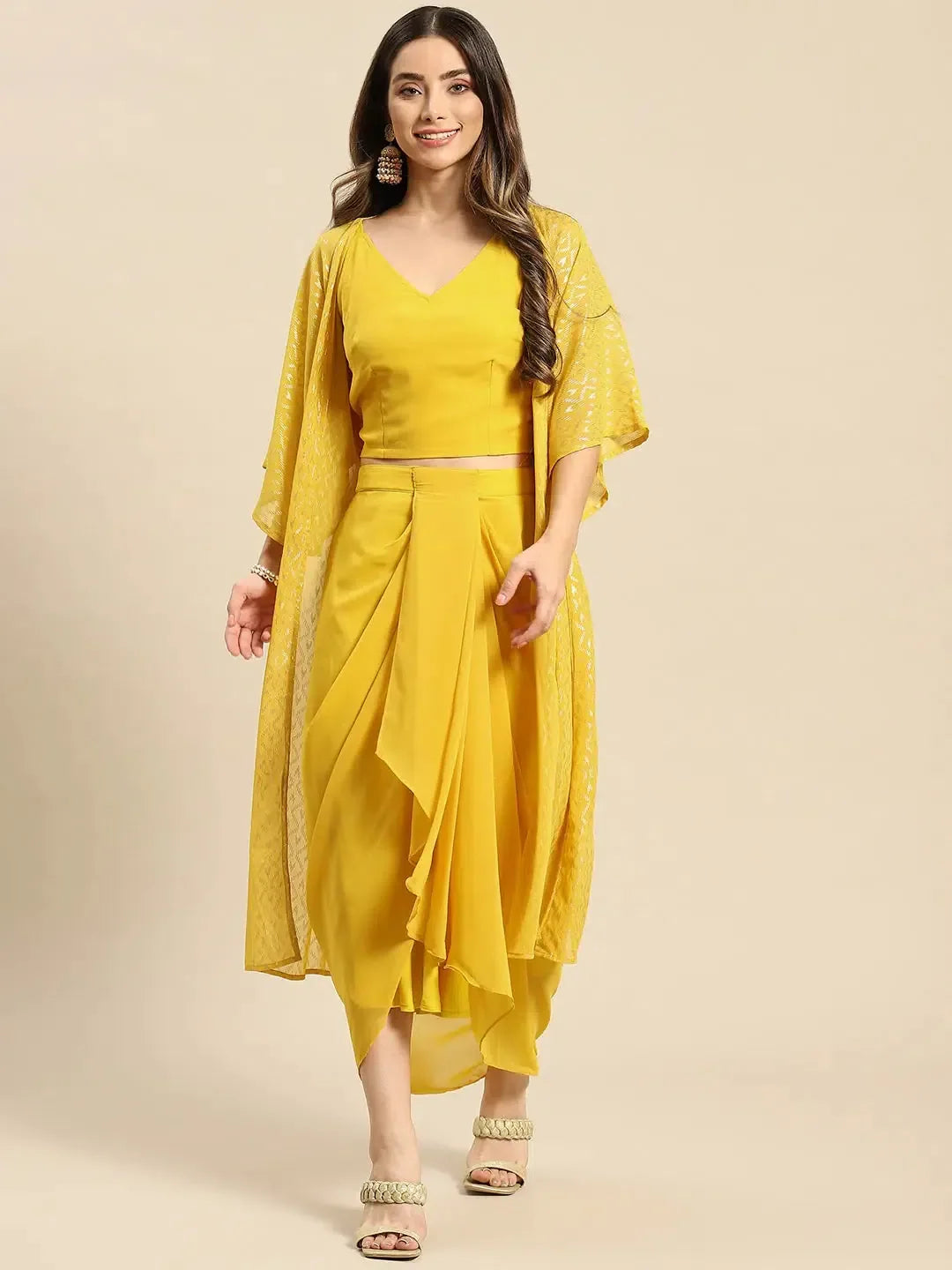 Yellow Shrug Set: Crop Top & Skirt - Party Wear Lehenga for Women