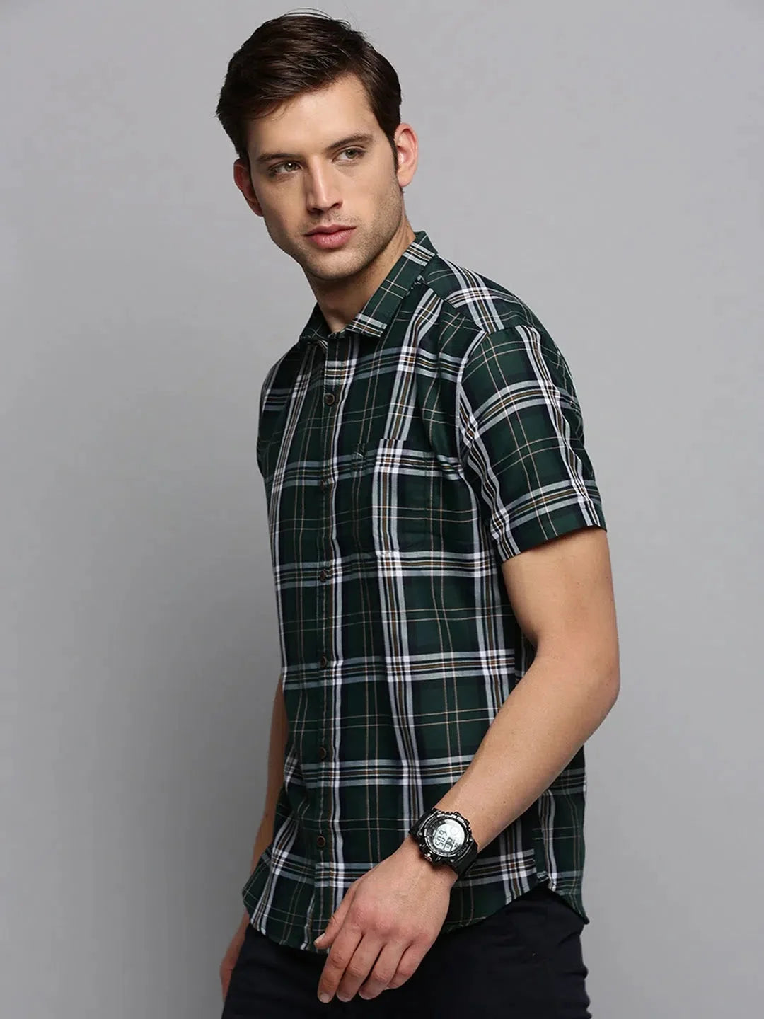 Men's Green Checked Cotton Casual Shirt | Stylish