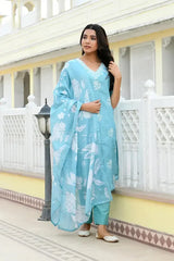 Women Blue Kota Doria Embroidered Solid Kurta Set With Solid Pants & Printed Dupatta-144-Vaas-Blue