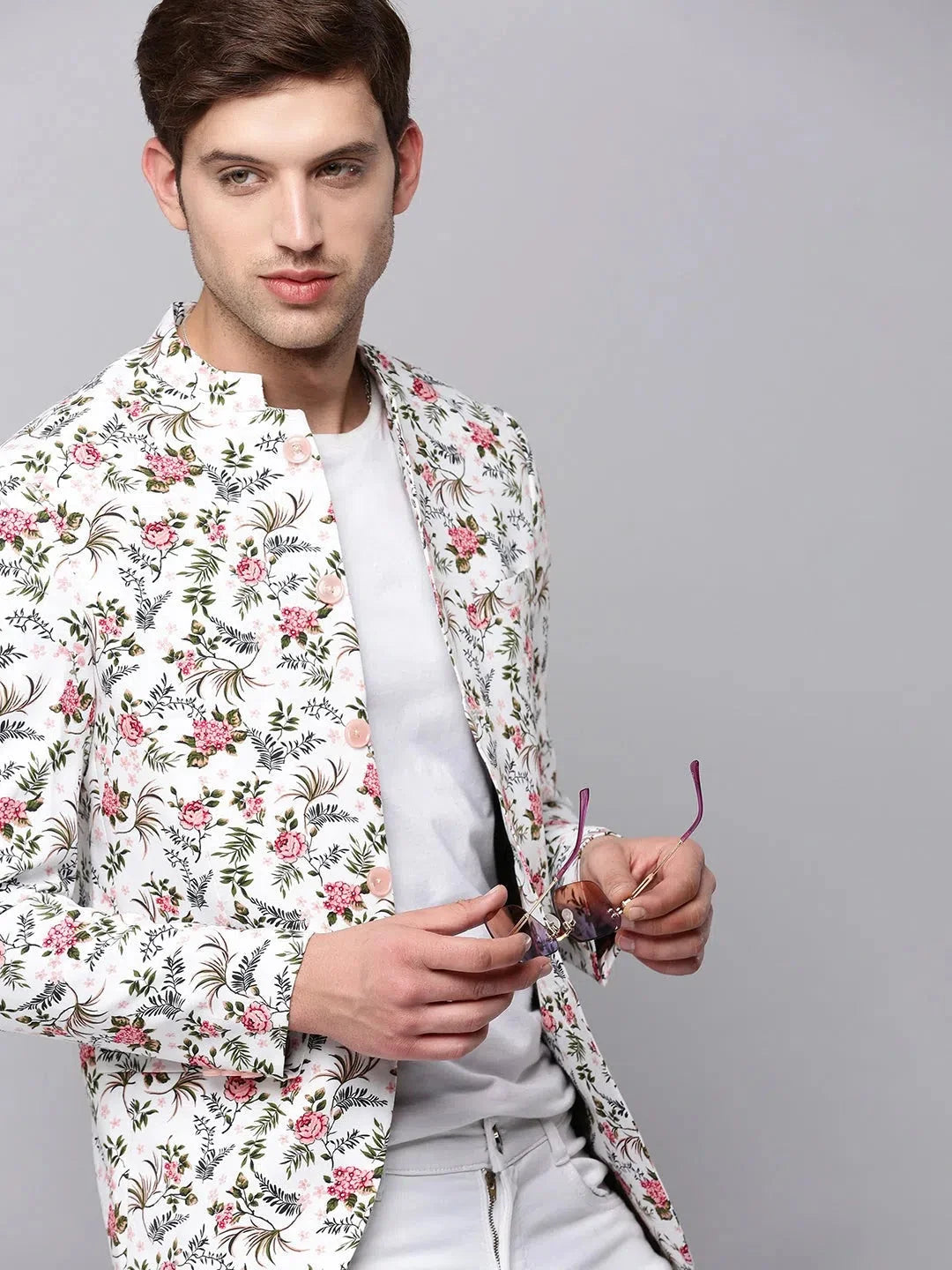 White Printed Cotton Blazer | Men's Ethnic Modi Jacket