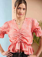 Women Peach Floral Front Ruched Top