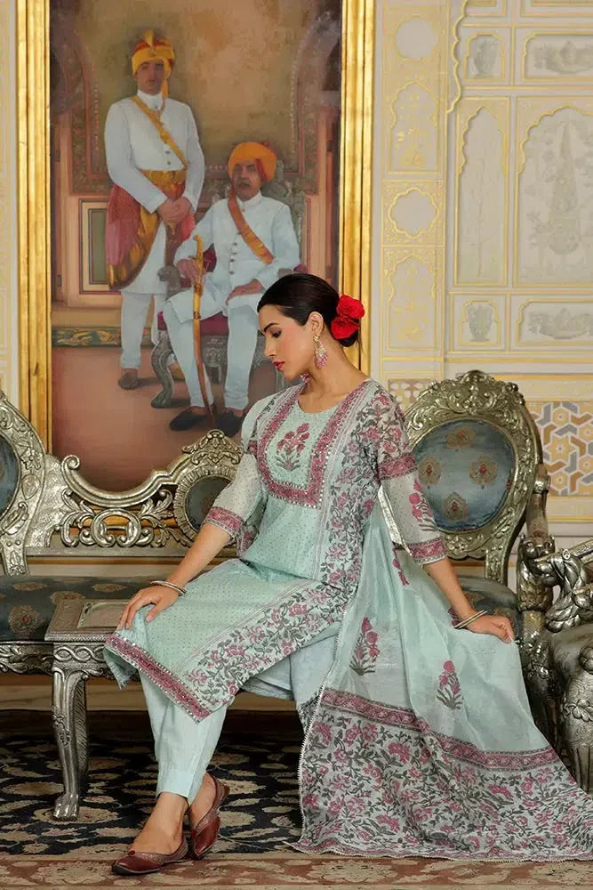 Teal Chanderi Block Print Embroidered Kurta Set | Vaasva