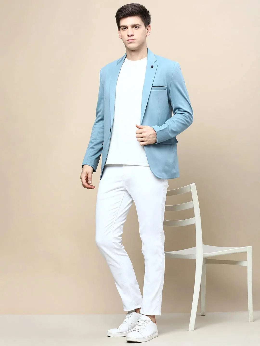 Blue Solid Casual Blazer | Men's Nehru Collar Jacket-DesiQlo