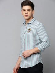 Men Green Striped Casual Shirt-NEOCHECKS-5178-Seagreen