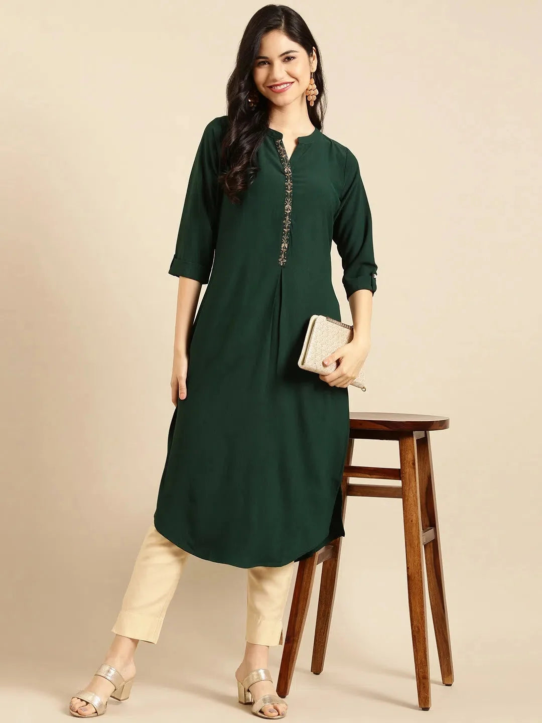 Green Embellished Polyester Kurta | Stylish Indian Kurtis Online