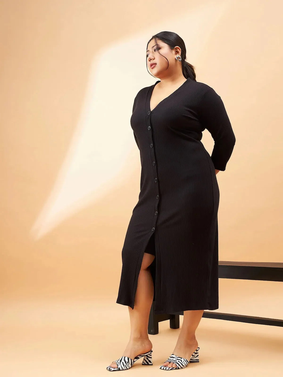 Black Rib V-Neck Midi Bodycon Dress | Button Front Detail