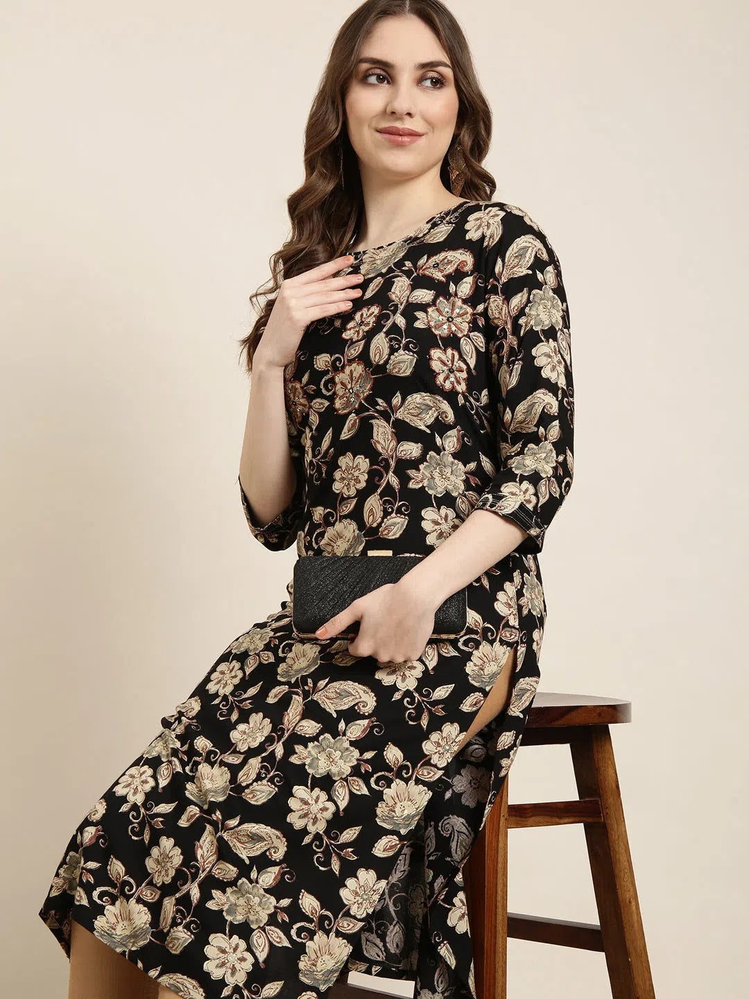 Black Floral Cotton Kurta - Modern Indian Kurta Ladies